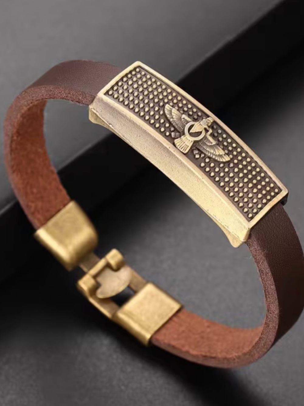 Men's Brown Faux Leather Bracelet with Antique Gold Plate
